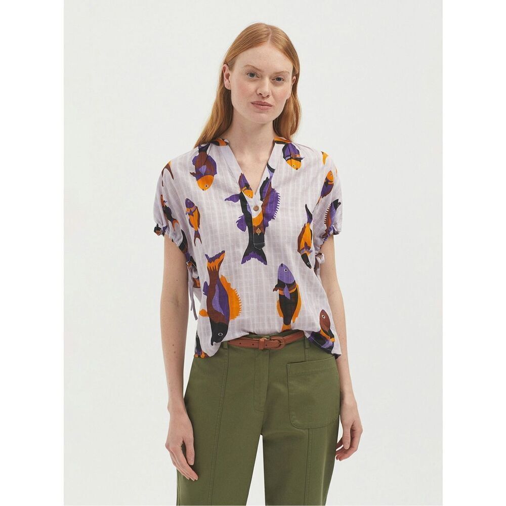NICE THINGS PALOMA S Cotton Parrot Fish Blouse Gathered Short Sleeve Lavender